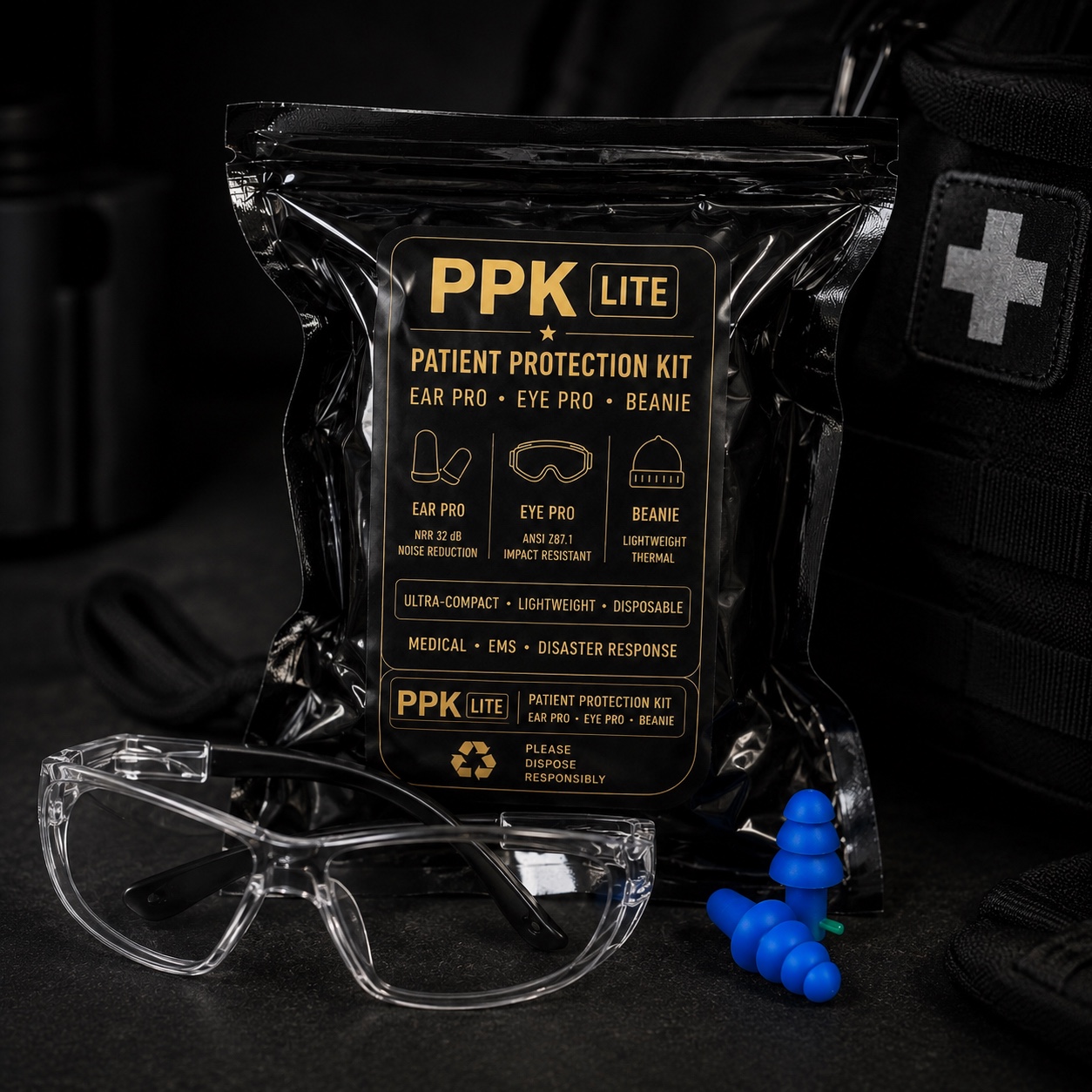 PPK Lite patient protection kit with safety glasses and blue silicone ear protection